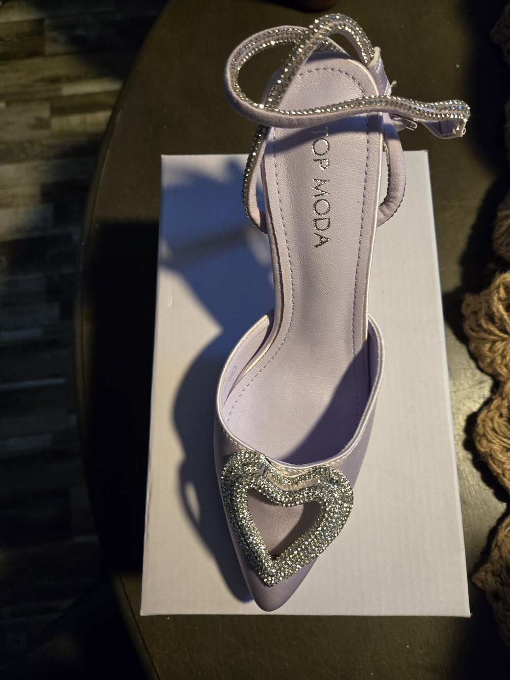 TOP Moda Lilac Pointed-Toe Ankle-Strap Heels with Crystal Heart